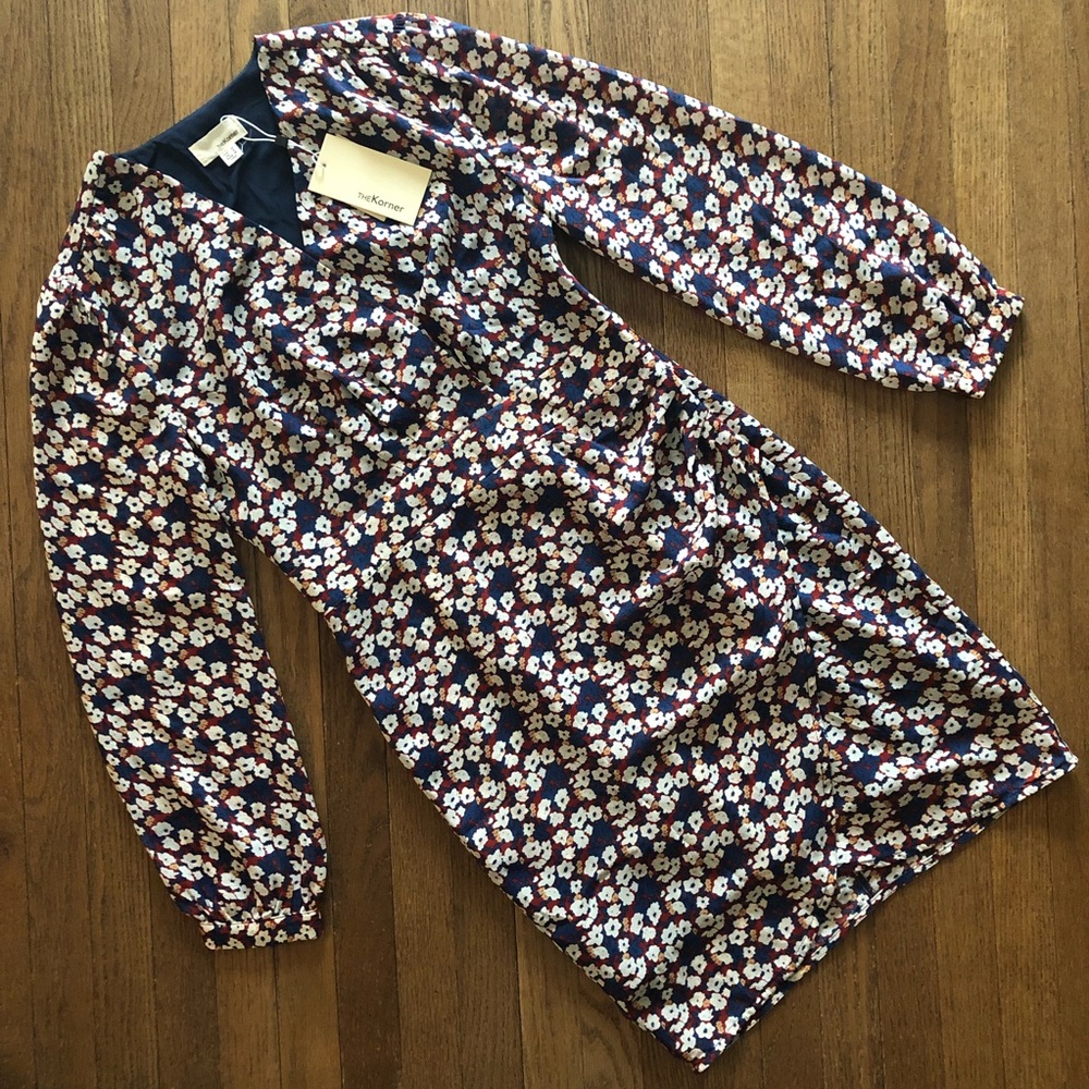 The Korner Navy/Red/White Floral Faux Wrap Fitted Long Sleeve Dress Size Small